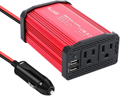 300W Car Power Inverter DC 12V to 110V AC Converter 4.8A Dual USB Charging Ports Car Charger Adapter (Red)
