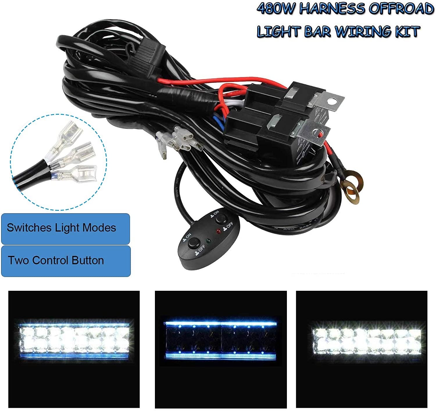 LED Light Bar Wiring Harness 14AWG, YUGUANG 3 Lead Universal Led Wiring Harness with 12V 40A Relay and Two Control Switches for Switching between Different Modes