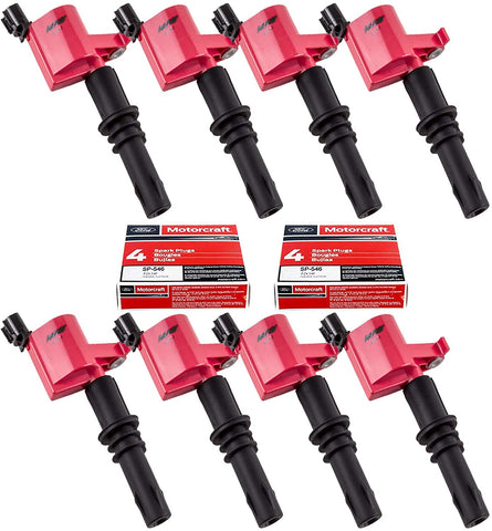 MAS Set of 8 Ignition Coils DG511 and Motorcraft SP515 SP546 Spark Plug Compatible with Ford Lincoln Mercury V8 V10 5.4l 6.8l 3L3E12A366CA 5C1584 C1541 FD-508 DG511 RED DG-511