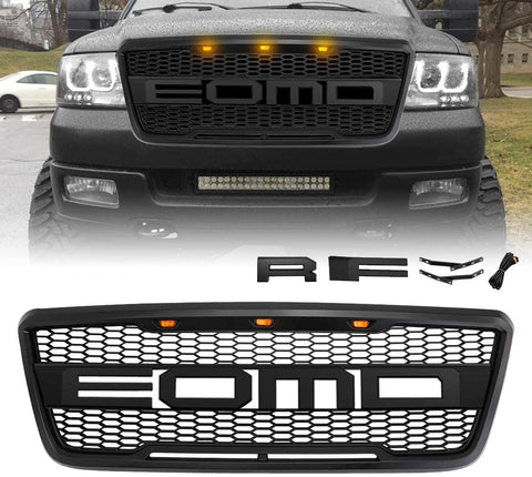 Matte Black Front Grill for Ford F150 2004 2005 2006 2007 2008, Raptor Style Grille, Amber LED Lights, Replaceable Letters
