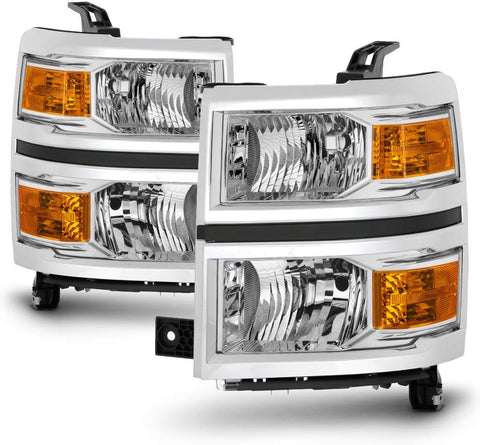 For 2014 2015 Chevy Silverado 1500 Pickup Truck Chrome Clear Headlight Lamp Assembly Driver + Passenger Side