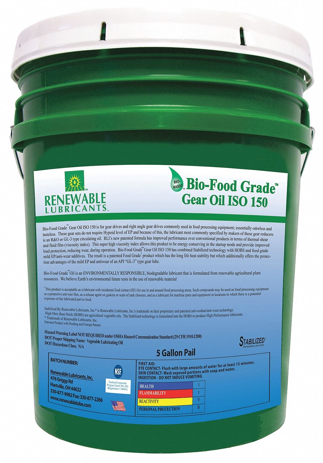 Renewable Lubricants Bio-Food Grade ISO 150 Gear Oil, 5 Gallon Pail