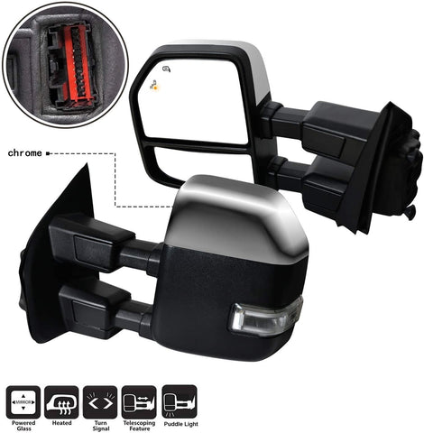 AERDM New Towing Mirror Chrome Cap with Temperature Sensor Fit Ford Super Duty F-250 F-350 F-450 F-550 2017 2018 2019 with Blind Spot w/Turn Signal and Auxiliary Lamp