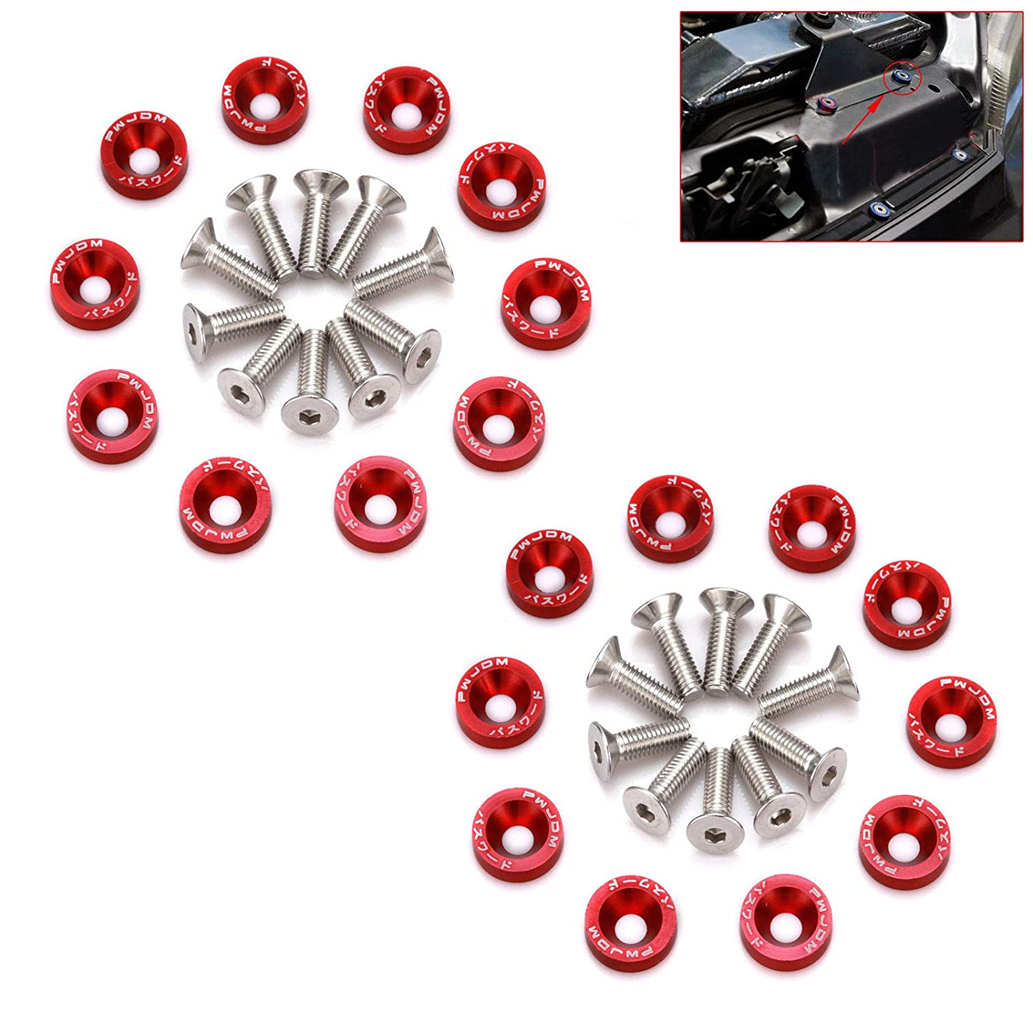 CENTAURUS Red CNC Billet Aluminum Fender Washer Engine Bay Dress Up Kit (Pack of 20)