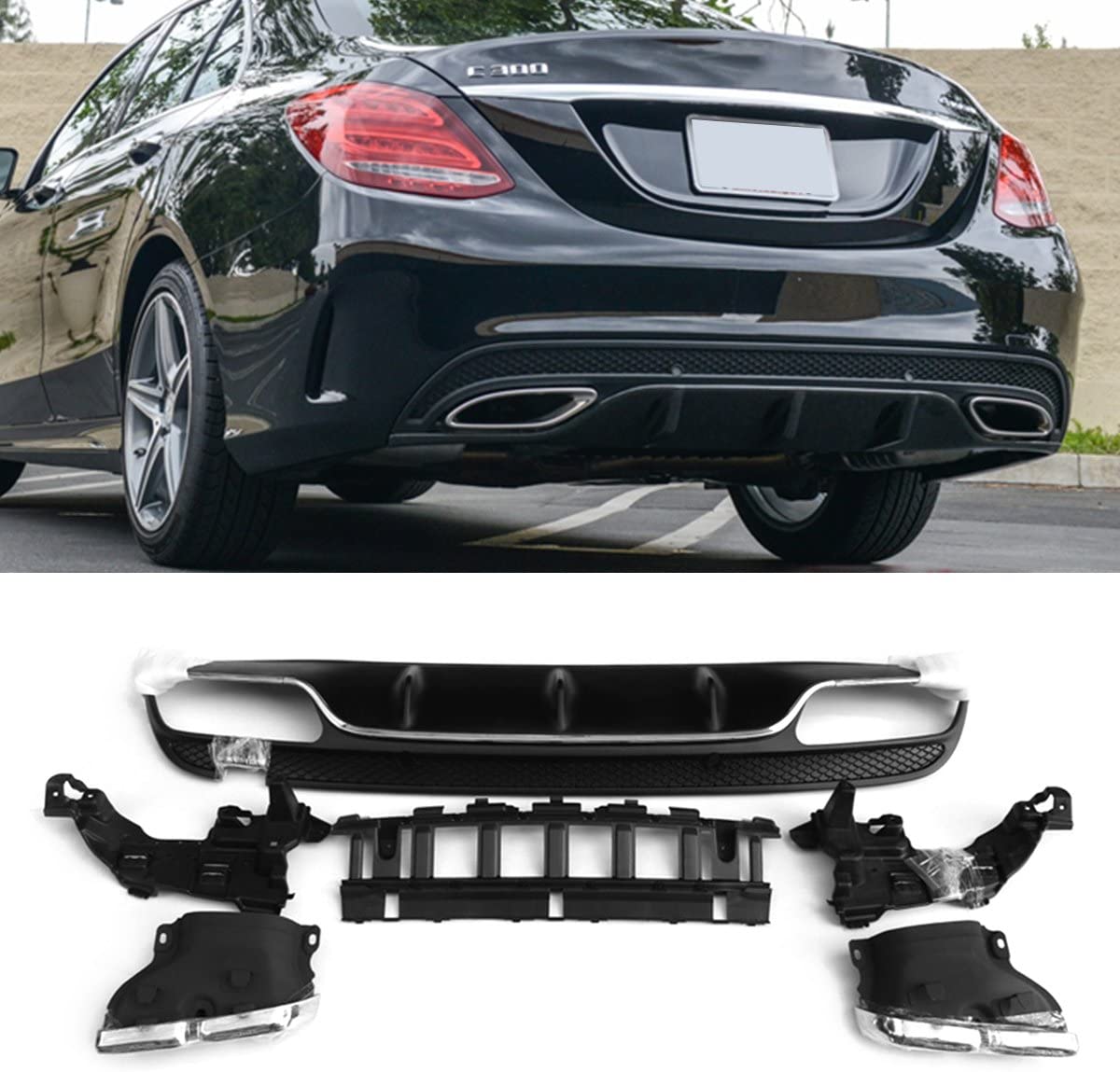 Fandixin W205 Diffuser, ABS Rear Bumper Lip Diffuser with Exhaust Tips for Mercedes Benz C Class W205 4-Door Sedan Sport Edition C43 AMG C450 AMG 4-Door Sedan Prefacelift 2014-2018