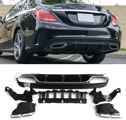 Fandixin W205 Diffuser, ABS Rear Bumper Lip Diffuser with Exhaust Tips for Mercedes Benz C Class W205 4-Door Sedan Sport Edition C43 AMG C450 AMG 4-Door Sedan Prefacelift 2014-2018