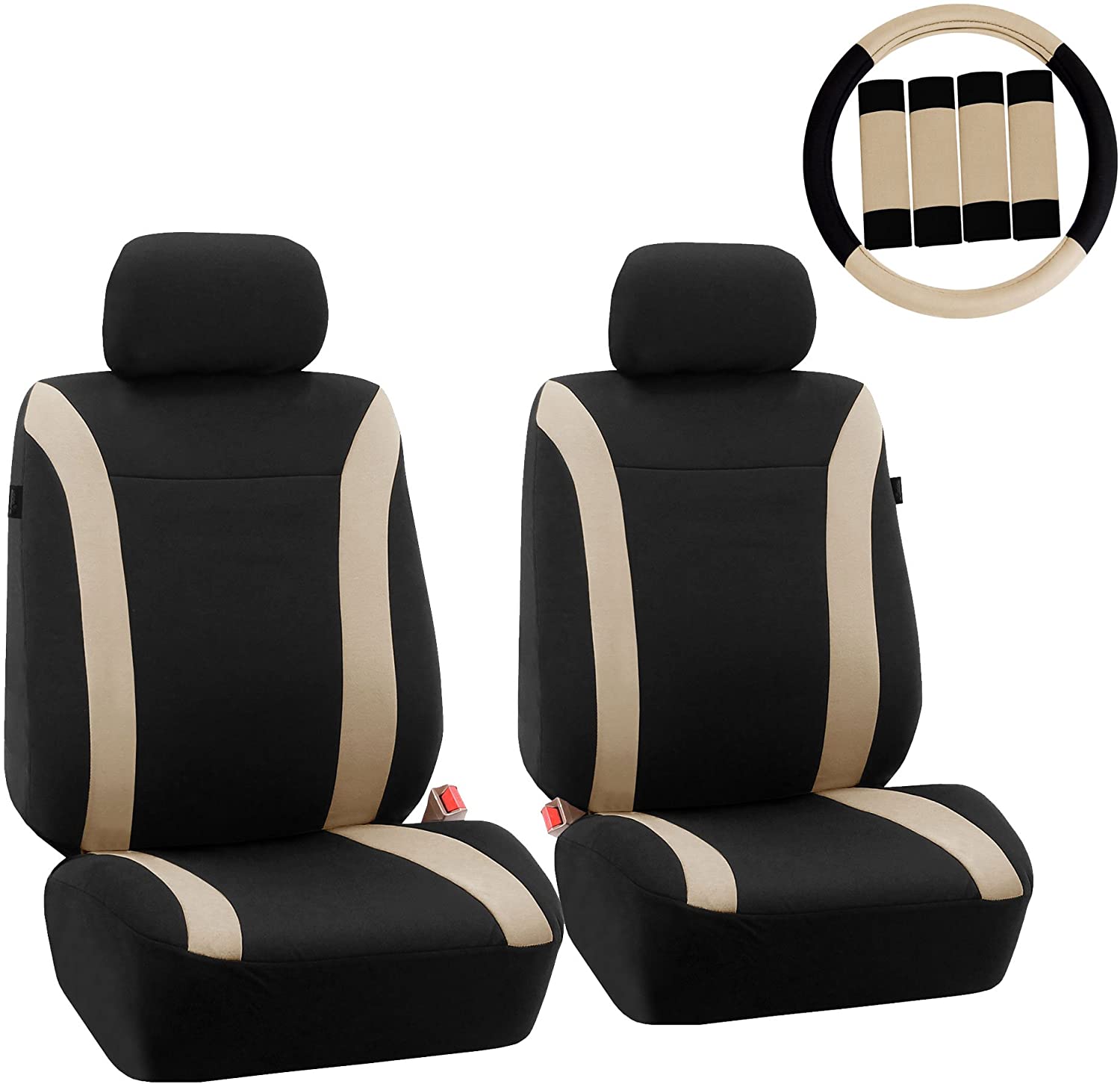 FH Group FH-FB054102 Cosmopolitan Flat Cloth Pair Set Seat Covers, (Airbag Compatible & Split Bench) W. FH2033 Steering Wheel Cover and Seat Belt Pads, Beige/Black-Fit Most Car, Truck, SUV, or Van