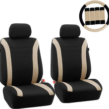 FH Group FH-FB054102 Cosmopolitan Flat Cloth Pair Set Seat Covers, (Airbag Compatible & Split Bench) W. FH2033 Steering Wheel Cover and Seat Belt Pads, Beige/Black-Fit Most Car, Truck, SUV, or Van