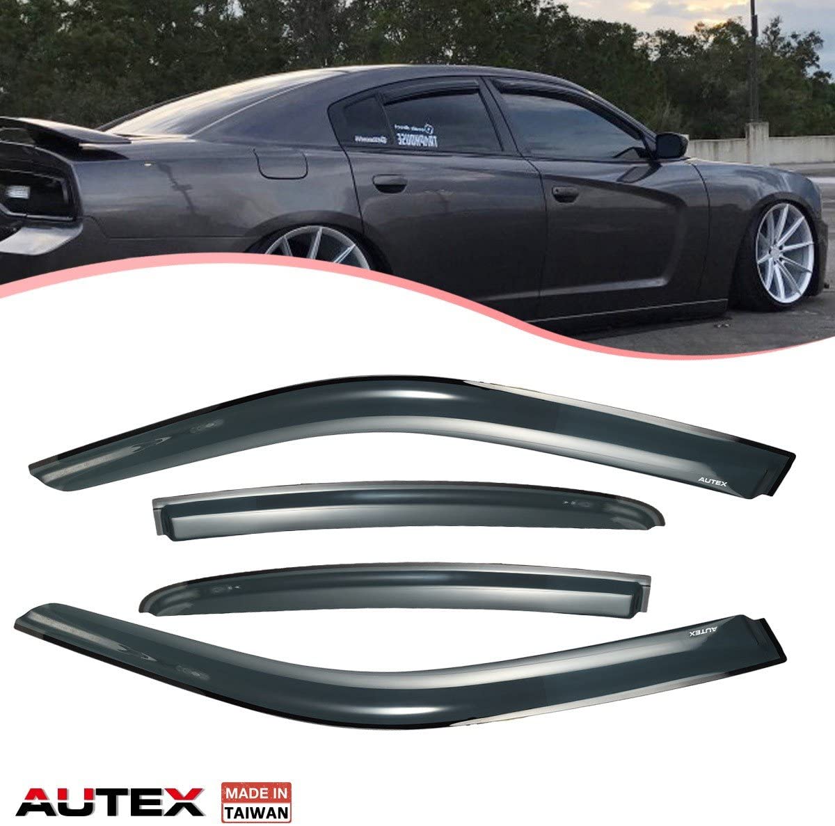 AUTEX Tape On Window Deflector Compatible with Dodge Charger 2011 2012 2013 2014 2015 2016 2017 Window Visor Shade
