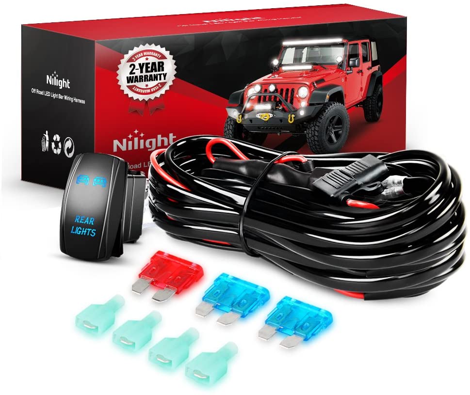 Nilight LED Light Bar Wiring Harness Kit REAR LIGHTS 12V 5Pin Rocker Switch Laser On off Waterproof Switch Power Relay Blade Fuse-2 Lead,2 Years Warranty