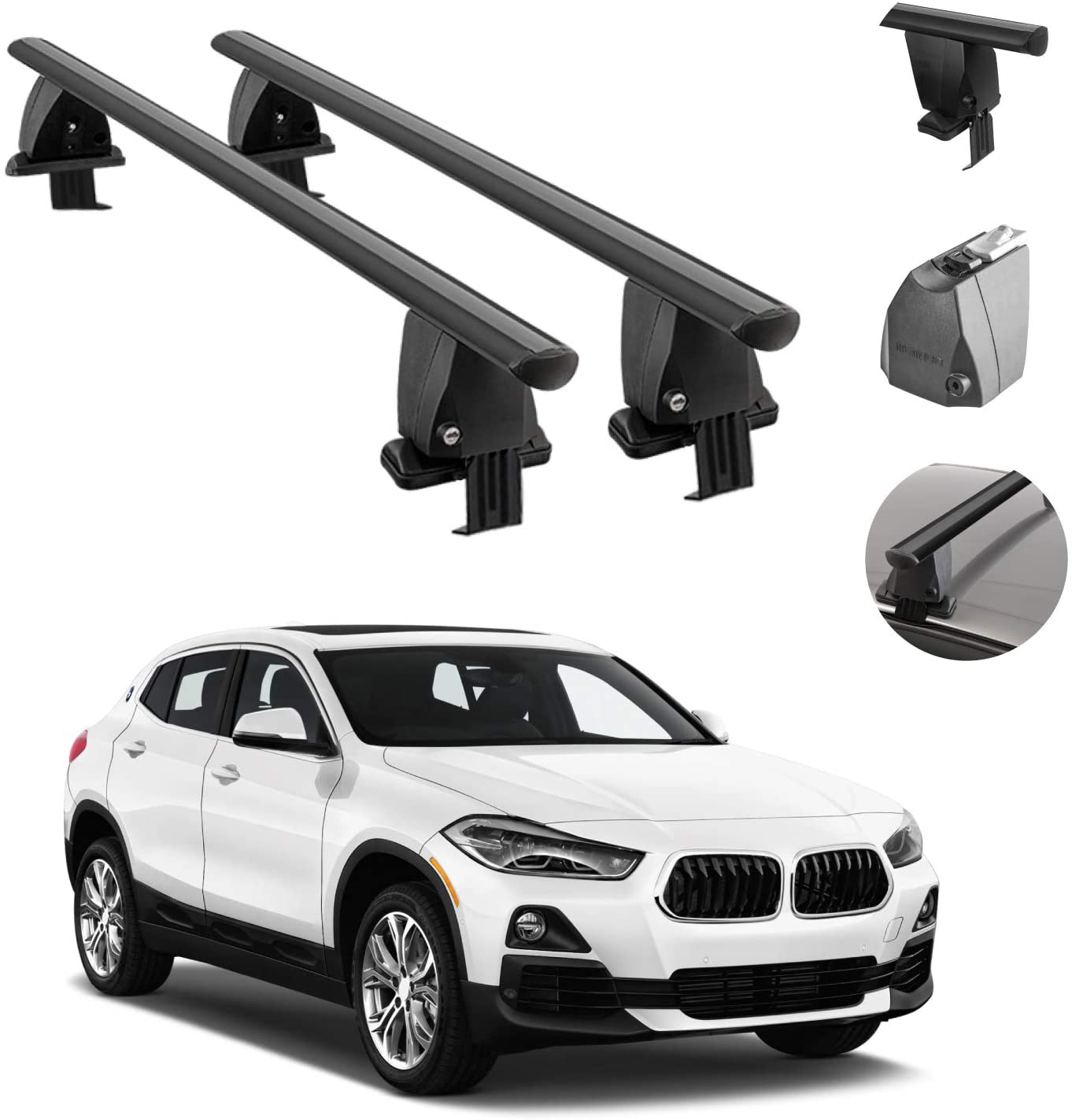 Roof Rack Cross Bars Lockable Luggage Carrier Smooth Roof Cars | Black Aluminum Cargo Carrier Rooftop Bars | Automotive Exterior Accessories Fits BMW X2 2018-2021