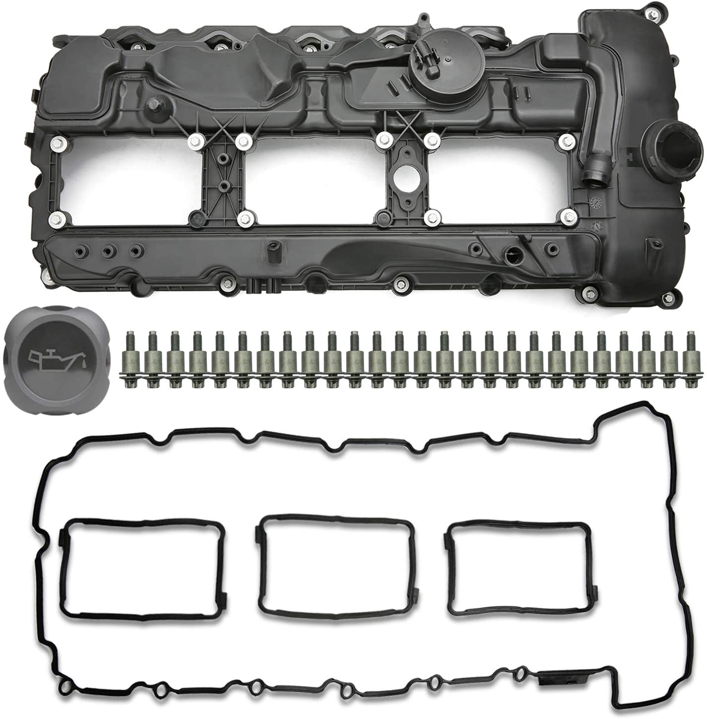 Engine Valve Cover Kit with Oil Cap & Gasket & Spark Plug Seals & Bolts Compatible with BMW 2011-2014 135i 335i 535i xDrive 640i 740i X3 X5 Engine N55 2.0L 2.5L 3.0L 4.4L 6.0L Part# 11127570292