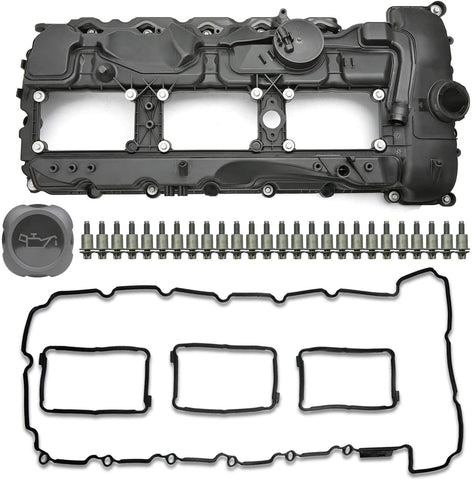 Engine Valve Cover Kit with Oil Cap & Gasket & Spark Plug Seals & Bolts Compatible with BMW 2011-2014 135i 335i 535i xDrive 640i 740i X3 X5 Engine N55 2.0L 2.5L 3.0L 4.4L 6.0L Part# 11127570292