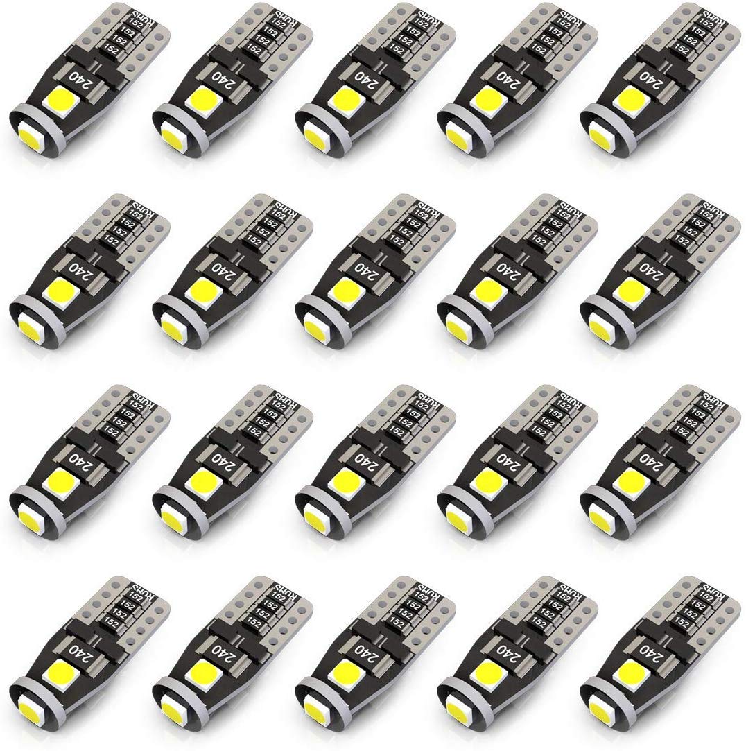 KAFEEK 20x T10 Wedge 194 168 2825 W5W LED Bulbs, Super Bright 3-3030 Chipset, CAN-Bus Error Free, Interior Lights, License Plate Dome Map Door Courtesy Park Lights,Xenon White