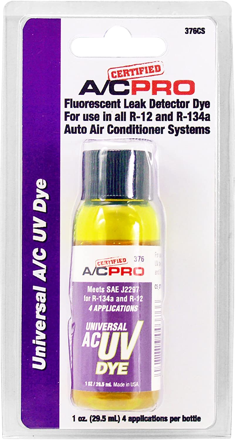 InterDynamics Certified AC Pro Car Air Conditioner Leak Detector Dye, UV Dye for R12, R22, and R134A Refrigerant Systems, 1 Oz, 376CS