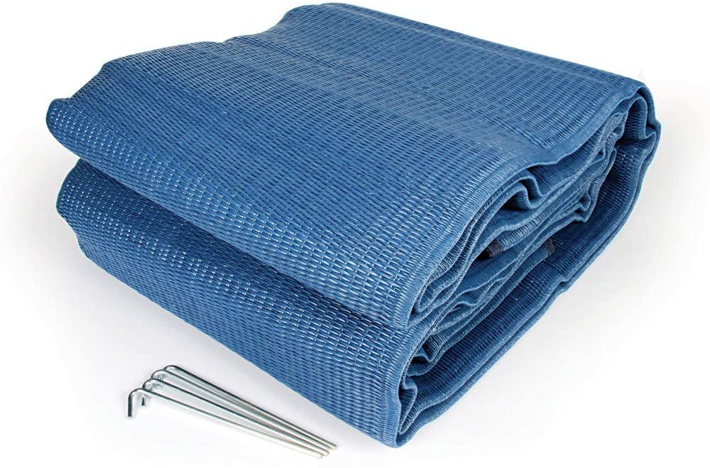 Camco Durable Reversible RV Camper Awning Mat- Mildew and Rust Resistant Help Prevents Dirt From Being Tracked - Perfect for Campsites, Beaches, Picnics 9' X 12'- Blue(42821)