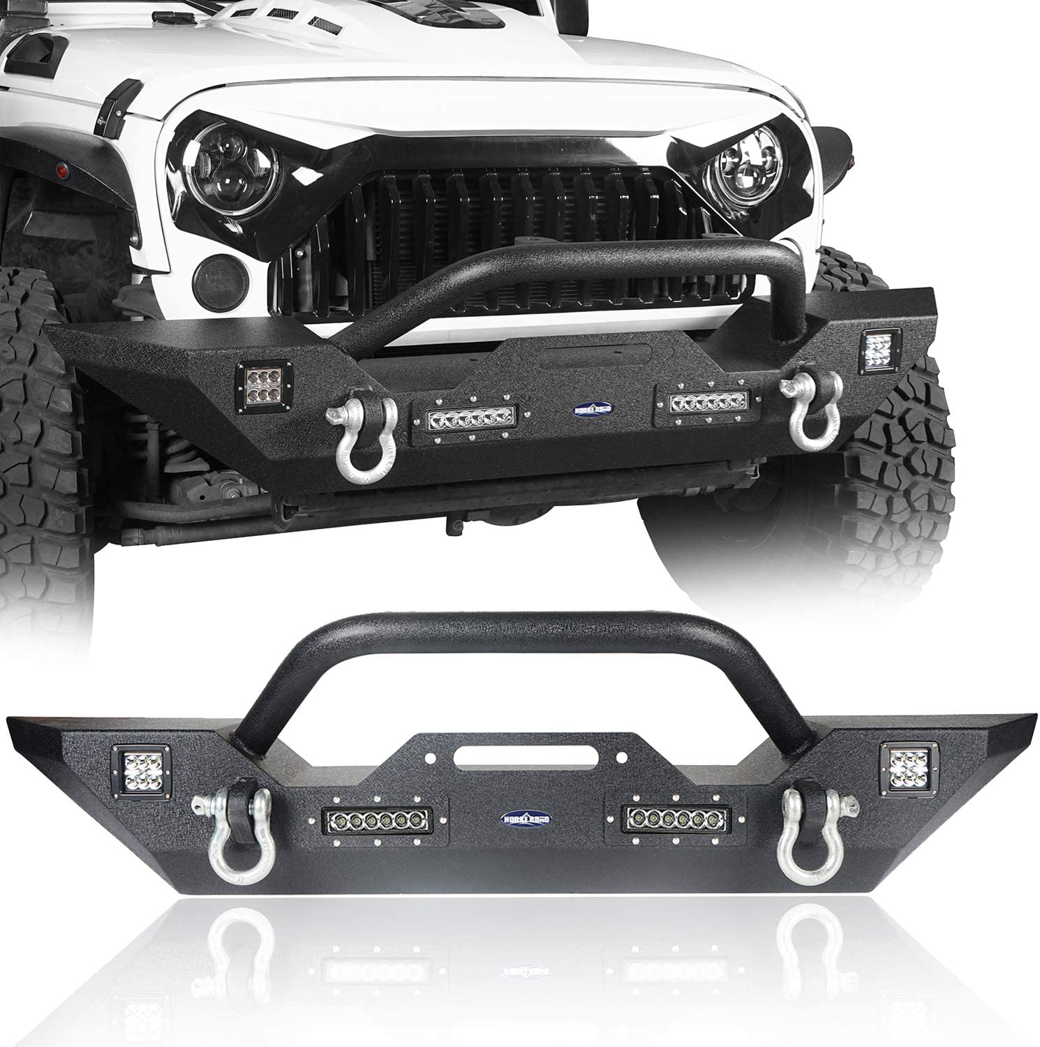 Hooke Road Front Bumper with Winch Plate & 4X LED Lights & D-Rings for 07-18 Jeep Wrangler JK & Unlimited