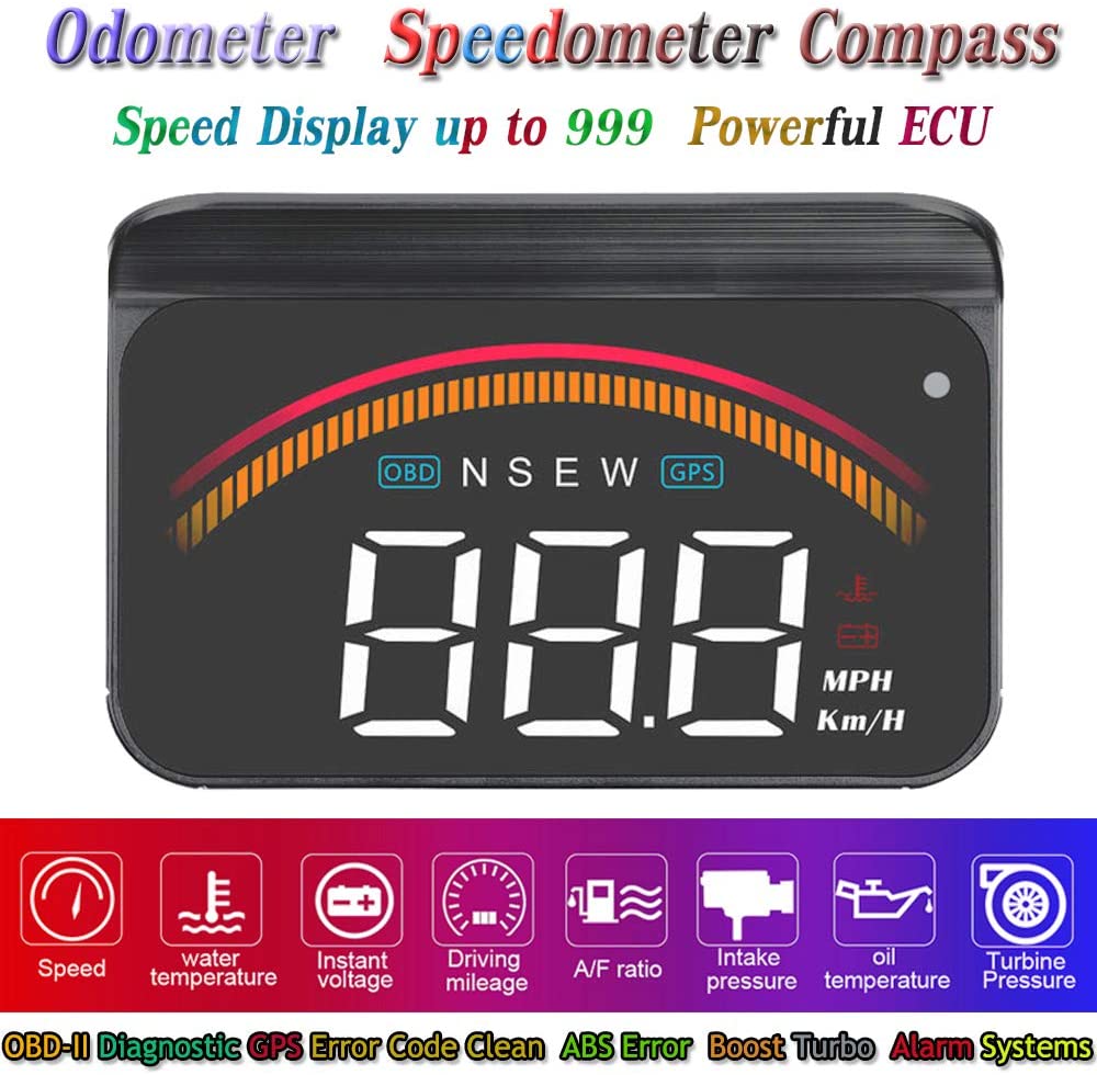 3.5” Upgrade HUD OBD2 GPS Speedometer Odometer Compass Mileage Diagnostic Cleaner Display Altitude Flux Data Clock Alarm Overspeed Temperature Pressure Turbine 2 Systems Compatible for All Vehicles