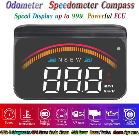 3.5” Upgrade HUD OBD2 GPS Speedometer Odometer Compass Mileage Diagnostic Cleaner Display Altitude Flux Data Clock Alarm Overspeed Temperature Pressure Turbine 2 Systems Compatible for All Vehicles