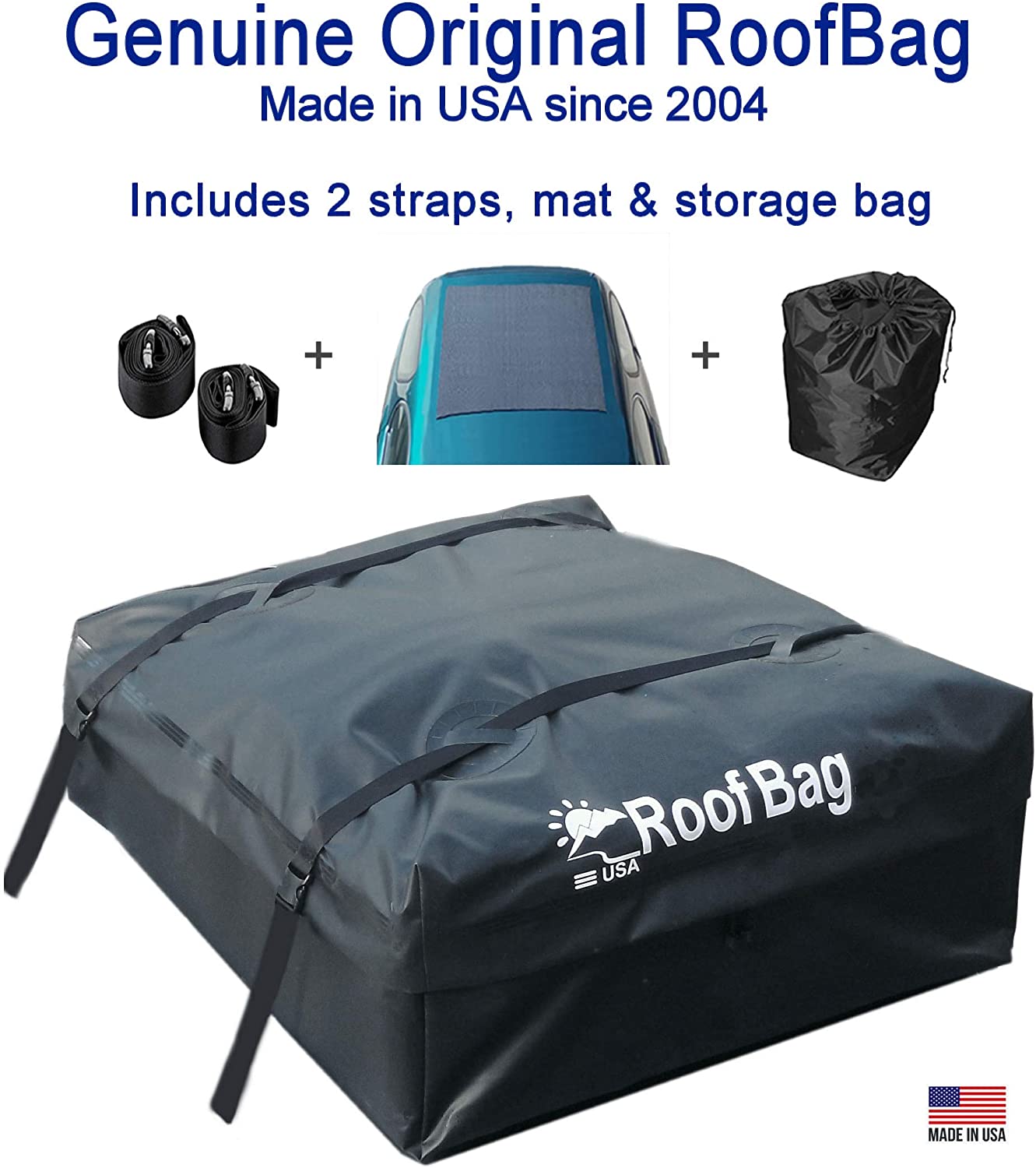 RoofBag Rooftop Cargo Carrier, Made in USA, 11 Cubic Feet. Waterproof Car Top Carriers for Cars with Racks or Without Racks Include Roof Protective Mat, Storage Bag and Straps