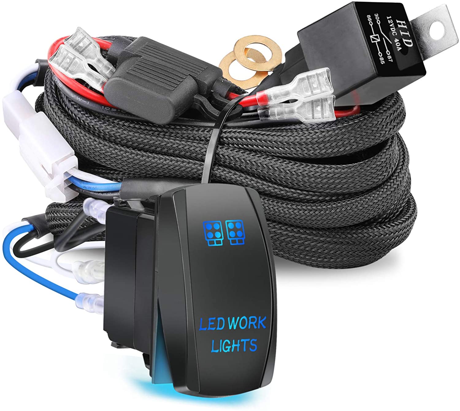 Nirider Wiring Harness 1 Lead, 12V 40A Rock Switch Relay Fuse Nylon Wiring Harness Kit for LED Light Bars Fog Lights Work Lights Driving Lights Offroad LED Pods Wire Kit for Truck UTV ATV Boat