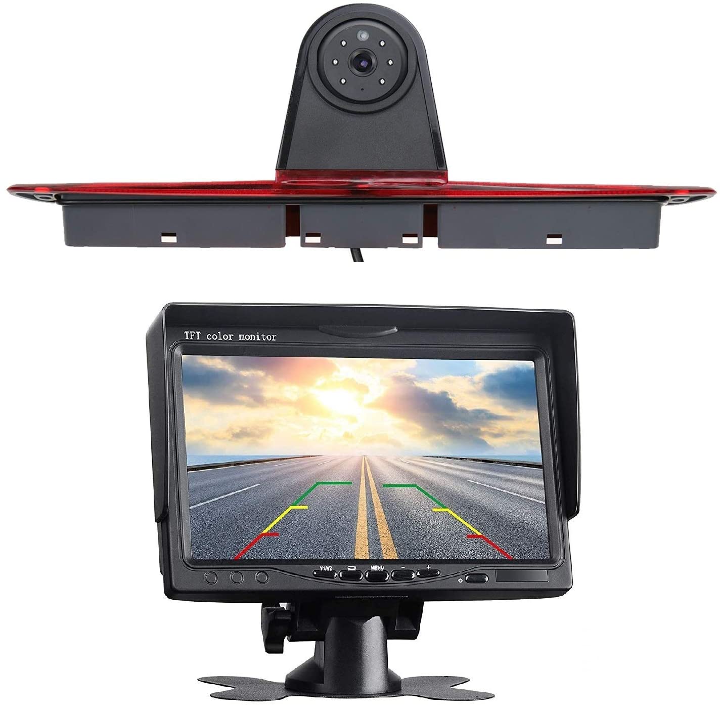 Replacement 3rd Brake Light Backup Camera + 7.0 Inch Self Standing TFT Monitor Compatible for Transporter MB Mercedes Sprinter W906 2007-2018 Crafter Truck Vans 2007-2016