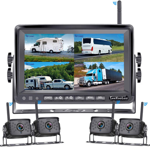 LeeKooLuu F14 Wireless Digital Backup 4 Cameras 7” DVR Quad Split Monitor for RVs Trucks Trailers Bus 1080P High-Speed Observation System Rear View Side View Cameras with Grid Lines DIY Setting