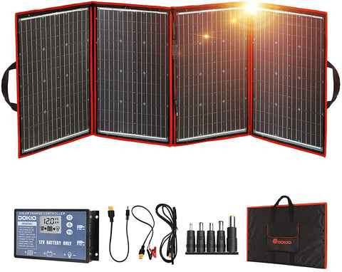 DOKIO 220 Watts Monocrystalline Foldable Solar Panel with Charge Controller with Dual USB Outputs (Lightweight 9lb) to Charge 12 Volts Batteries (All Lead/Acid Types: Vented AGM Gel) RV Camping