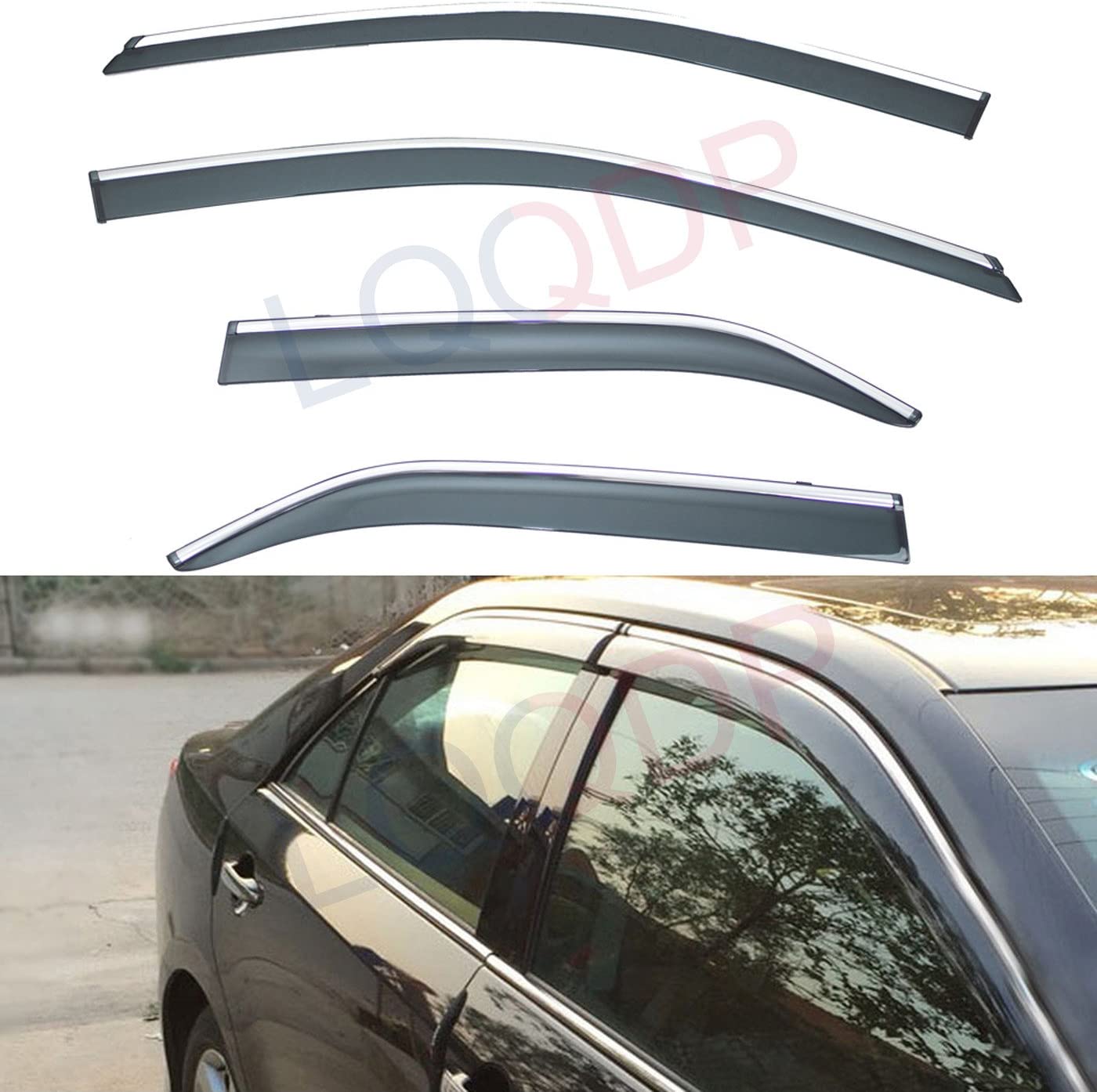 LQQDP 4pcs Smoke Tint With Chrome Trim Outside Mount Tape On/Clip On Style PVC Sun Rain Guard Vent Shade Window Visors Fit 12-17 Toyota Camry