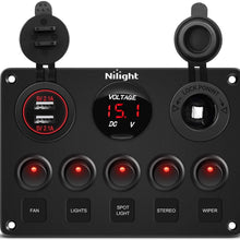 Nilight 90101E 5Gang Multi-Function 5 Gang Rocker Dual USB Charger + Digital Volmeter +12V Outlet Pre-Wired Switch Panel with Circuit Breakers for RV Car Boat Truck Trailer,2 Years Warranty