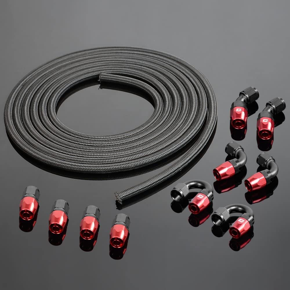 AN-4 16Ft Nylon Stainless Steel Oil Fuel Gas Line Hose Filler Feed Hose + 4AN Hose Fittings Swivel Hose Ends Kit 10PCS
