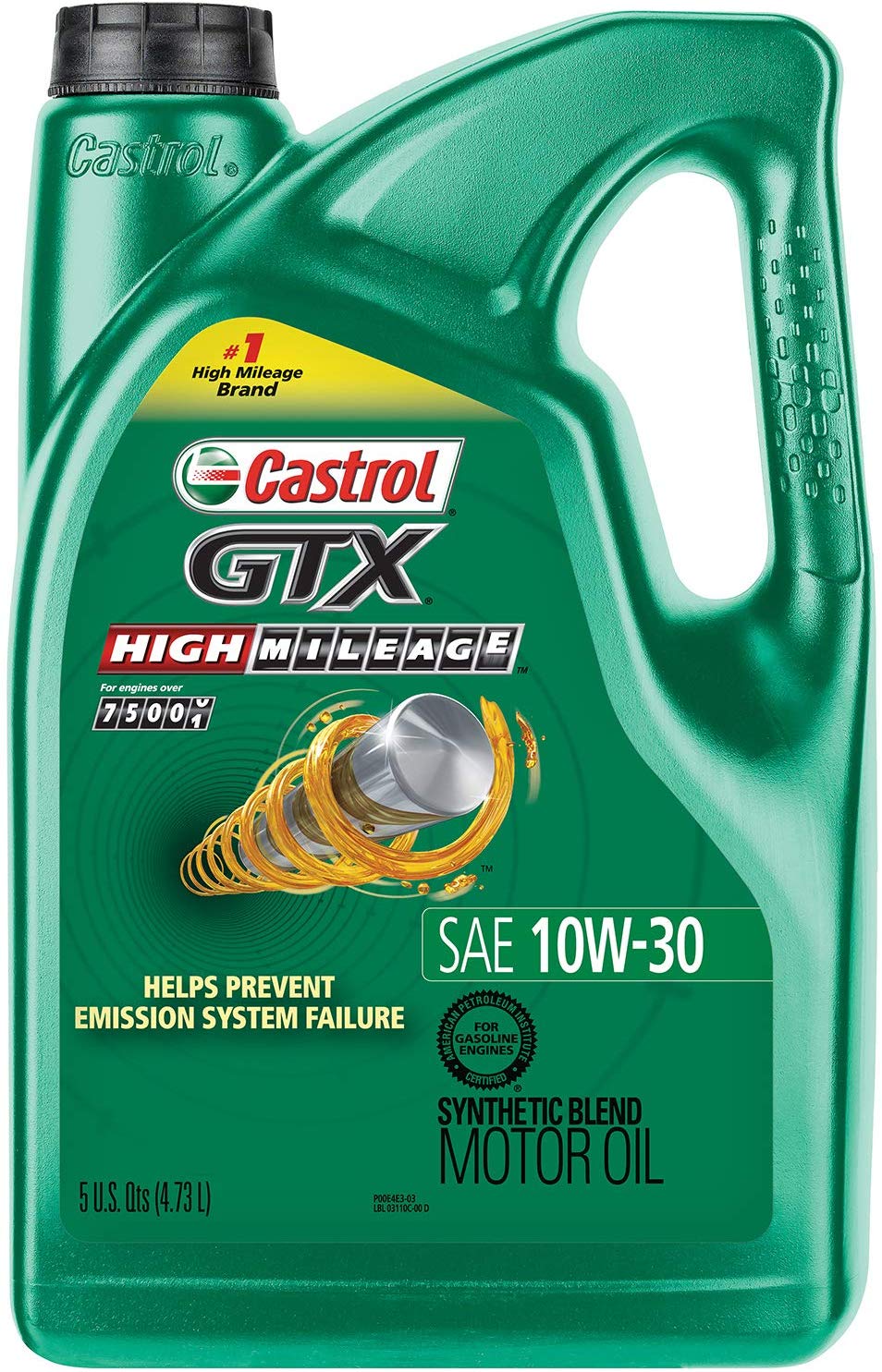 Castrol 03110 GTX High Mileage 10W-30 Synthetic Blend Motor Oil, 5 Quart