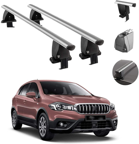 Roof Rack Cross Bars Lockable Luggage Carrier Smooth Roof Cars | Fits Suzuki SX4 S-Cross 2016-2021 Silver Aluminum Cargo Carrier Rooftop Bars | Automotive Exterior Accessories