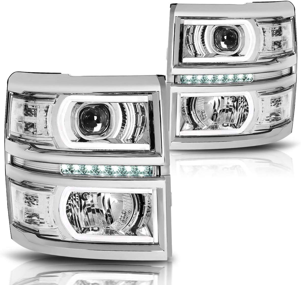 U-Strip LED DRL Projector Headlight Assembly Compatible with Chevy Silverado 14-15 Headlamps with Clear Corner Chrome