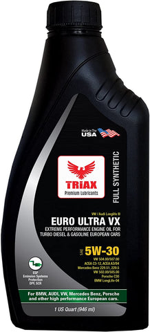 Triax Ester Full Synthetic Euro Ultra VX 5W-30 - Compatible with VW 507.00/504.00, VW Audi 502.00, 505.01, BMW LL-04, Porsche C30, ACEA C3, Mercedes 229.51, 229.5, 229.31 (1 Quart)