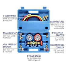 3 Way AC Diagnostic Manifold Gauge Set for Freon Charging, Fits R134A R12 R22 and R502 Refrigerants, with 5FT Hose, ACME Tank Adapters, Adjustable Couplers and Can Tap
