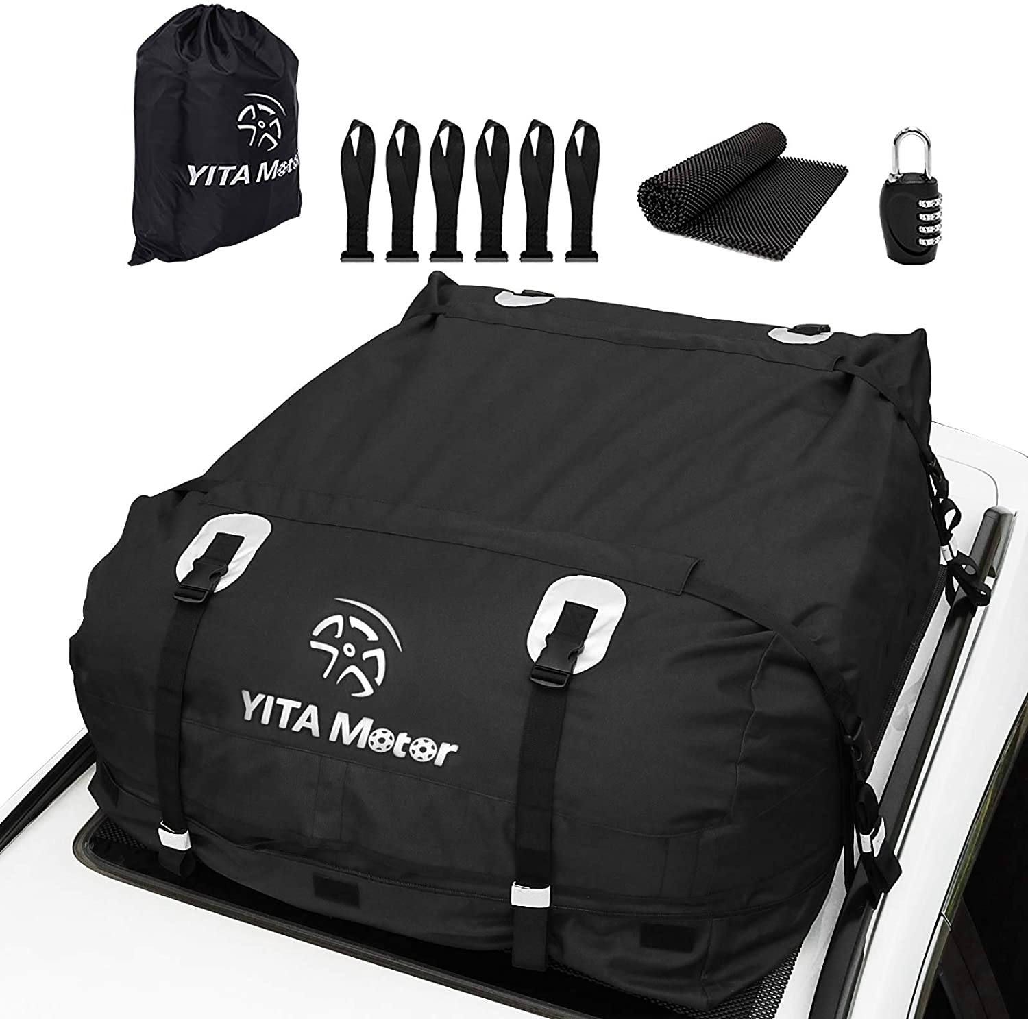 YITAMOTOR Cargo Top Carrier Roof Bag, 19 Cubic ft Car 600D PVC Rooftop Travel Storage Luggage Bag Box Soft-Shell for Cars with or Without Racks (Door Hooks/Anti-Slip Mat/Lock inclued )