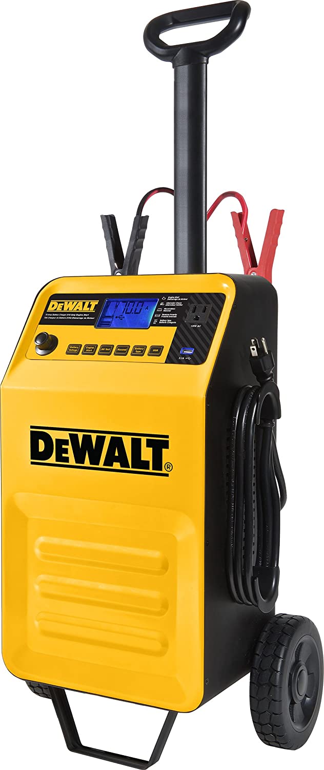 DEWALT DXAEC210 70 Amp Rolling Battery Charger: 210 Amp Engine Start, 2 Amp Maintainer, 120V AC Outlet, 3.1A USB Port, Battery Clamps