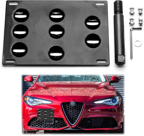 Xotic Tech for Alfa Romeo Giulia 2017+ Black Front Bumper Tow Hook License Plate - No Drill Mounting Bracket Adapter Kit