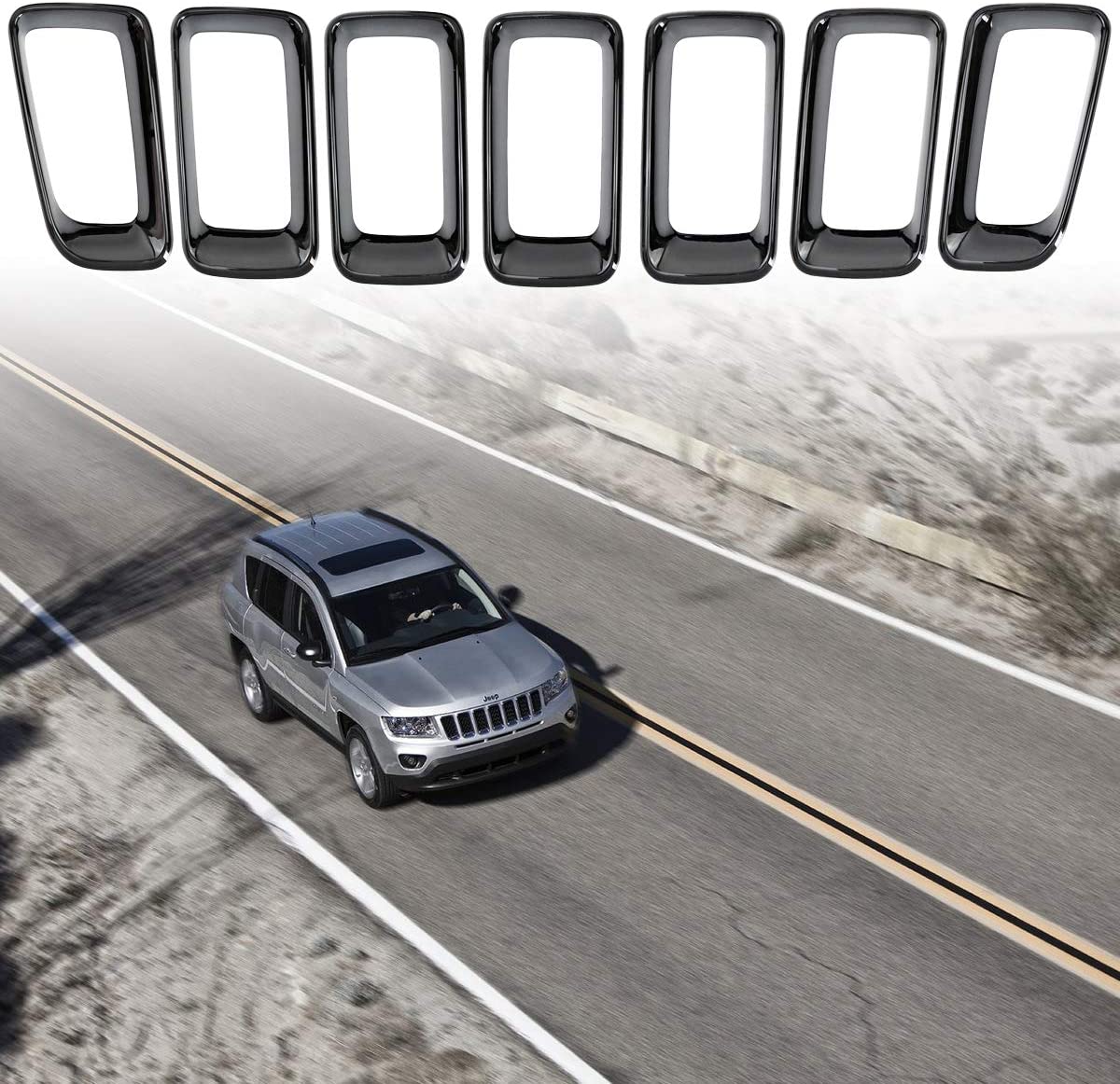 XBEEK 7PCS Chrome Grille Grill Rings Clip-in Trim Cover Inserts Frame Fit for 2011-2016 Jeep Compass (Silver)