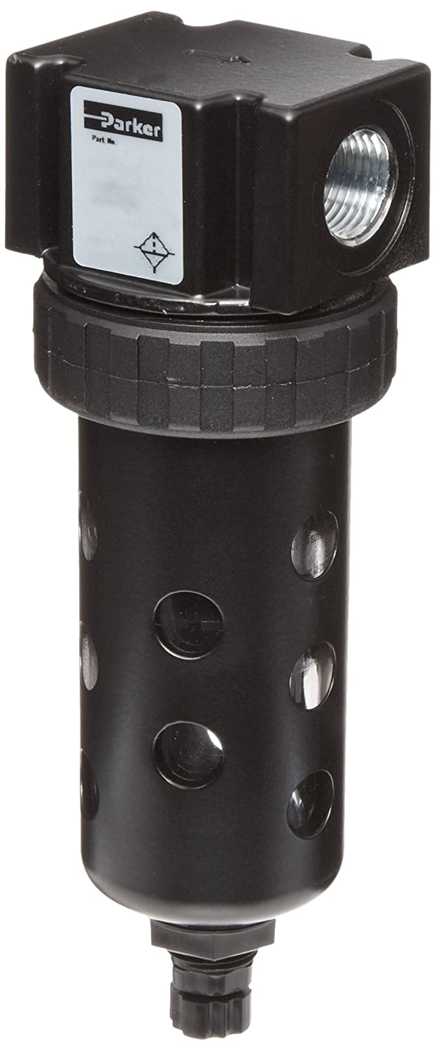 Parker 05F22AA Compressed Air Filter, Removes Particulate, Polycarbonate Bowl with Metal Bowl Guard, Manual Drain, 40 Micron, 70 scfm, 3/8