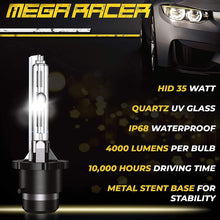 Mega Racer D2S HID Bulbs 6000K - D2C/D2R/D2S Headlight for Low Beam High Beam 12V 35W 6000K Diamond White IP68 Waterproof, Pack of 2