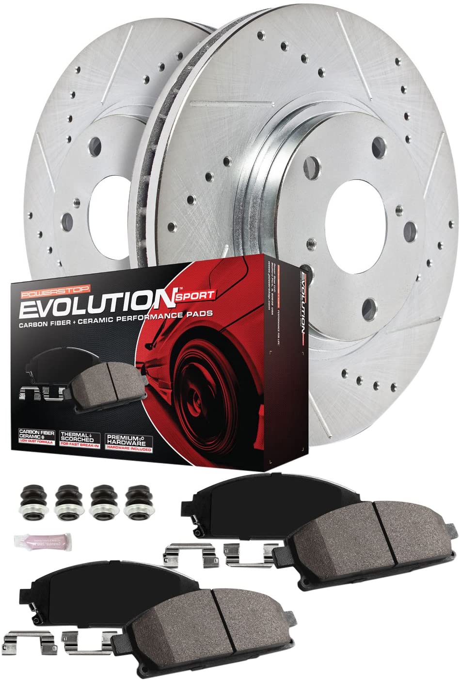 Power Stop K7322 Front & Rear Brake Kit with Drilled/Slotted Brake Rotors and Z23 Evolution Ceramic Brake Pads