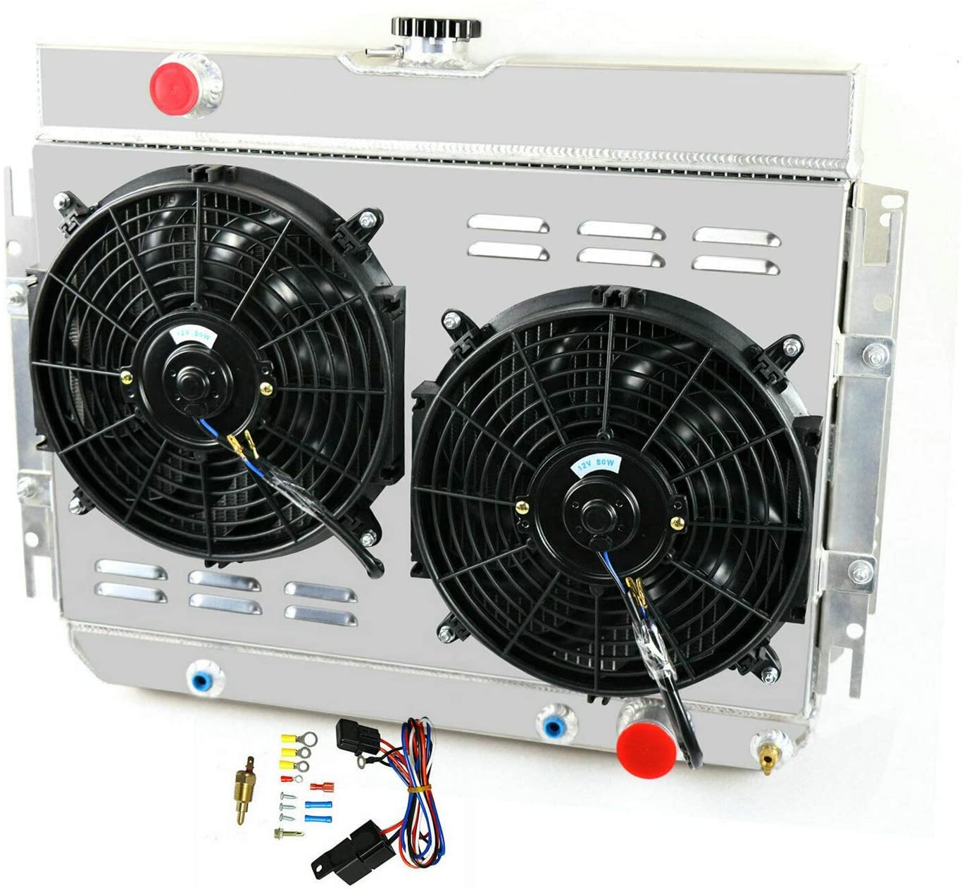 CoolingCare 3 Row Core Aluminum Radiator +Fan Shroud w/Thermostat for 1963-1968 Bel Air/Impala Multiple Chevrolet Models