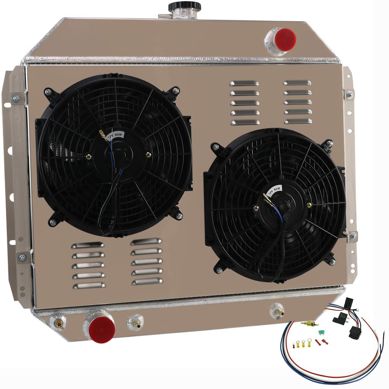 CoolingCare 4 Row Core Aluminum Radiator+ Shroud Fans+ Relay Suit for 1966-79 Ford F150 F250 F350/ 1978-79 Bronco V8 Pickup Truck