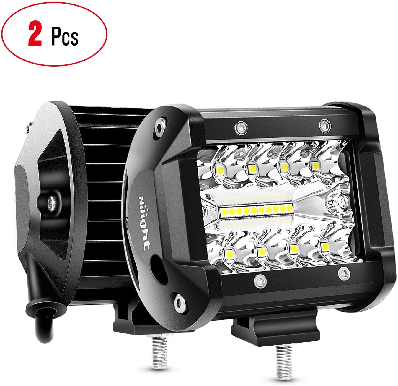 Nilight 18021F-B 2PC 4Inch Triple Row Lights 60W Flood Spot Combo 6000LM Bar Driving Boat Led Off Road Trucks, 2 Years Warranty