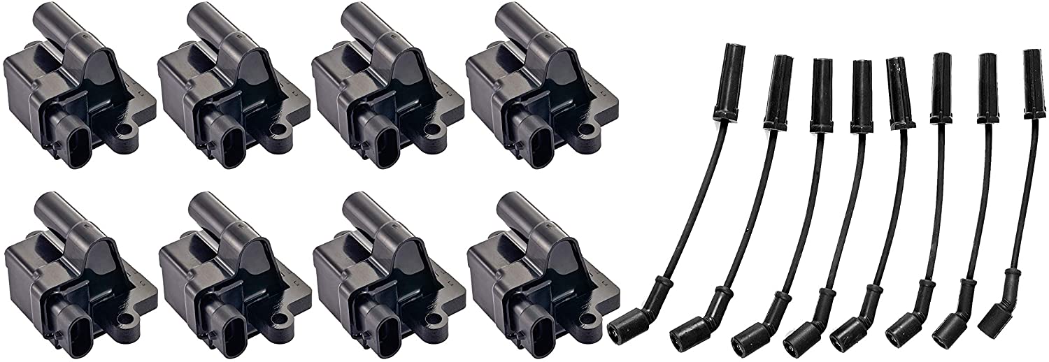ENA 8 Square Ignition Coil with 8pc Ignition Wire Set Tune Up Kit compatible with Chevrolet GMC Cadillac Escalade Silverado Sierra 1500 2500 3500 Hummer H2 2000-2007 UF271