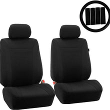 FH Group FH-FB054102 Cosmopolitan Flat Cloth Pair Set Seat Covers, (Airbag Compatible & Split Bench) W. FH2033 Steering Wheel Cover and Seat Belt Pads, Beige/Black-Fit Most Car, Truck, SUV, or Van