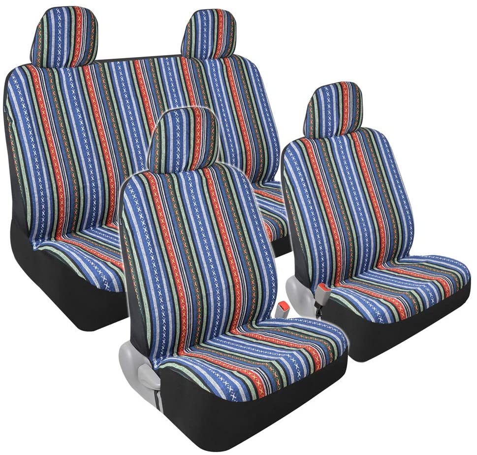 Saddle Blanket Car Seat Covers - Full Set 9pc Front & Rear Protection for Vehicle Van SUV Car - Auto Striped Heavy Duty Woven Material (Tribal Woven Blue) (Tribal Woven Blue)