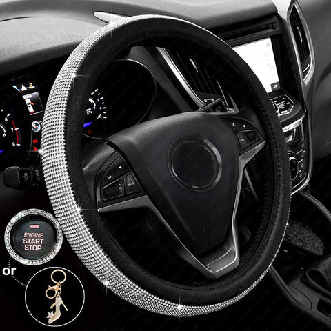 New Diamond Leather Steering Wheel Cover with Bling Bling Crystal Rhinestones, Universal Fit 15 Inch Anti-Slip Wheel Protector for Women Girls,Black